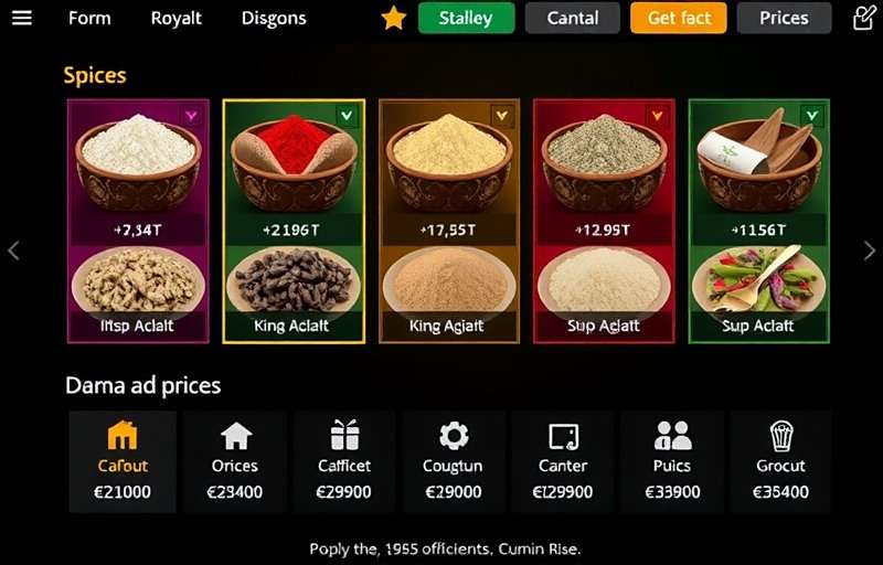 Cumin Rise Royal Trading System Cumin Rise Royal trading interface showing various spices with royal seals and prices